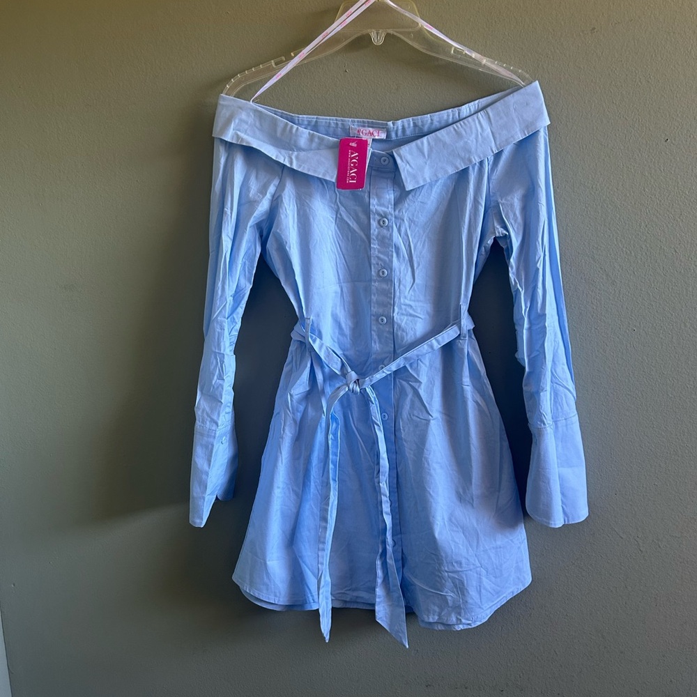 NWT A'gaci Sky Blue Off Shoulder Button-Up Shirt Dress Sz S